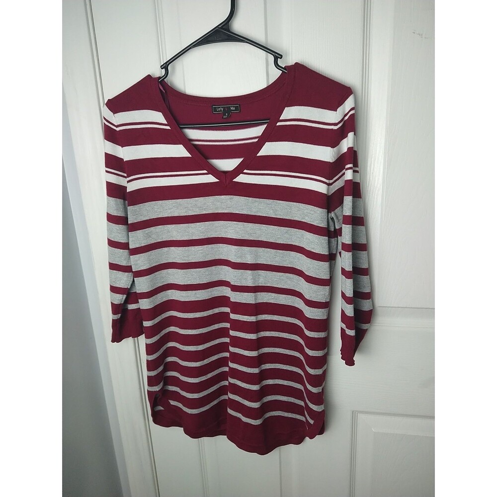 Lett&Me Woman S Burgundy White Grey 3/4 Sleeve Sweater Round Slit Hem Nautical